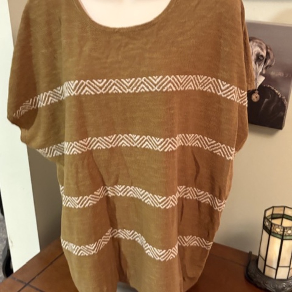 J. Jill light weight sleeveless Olive sweater with horizontal off white stripes